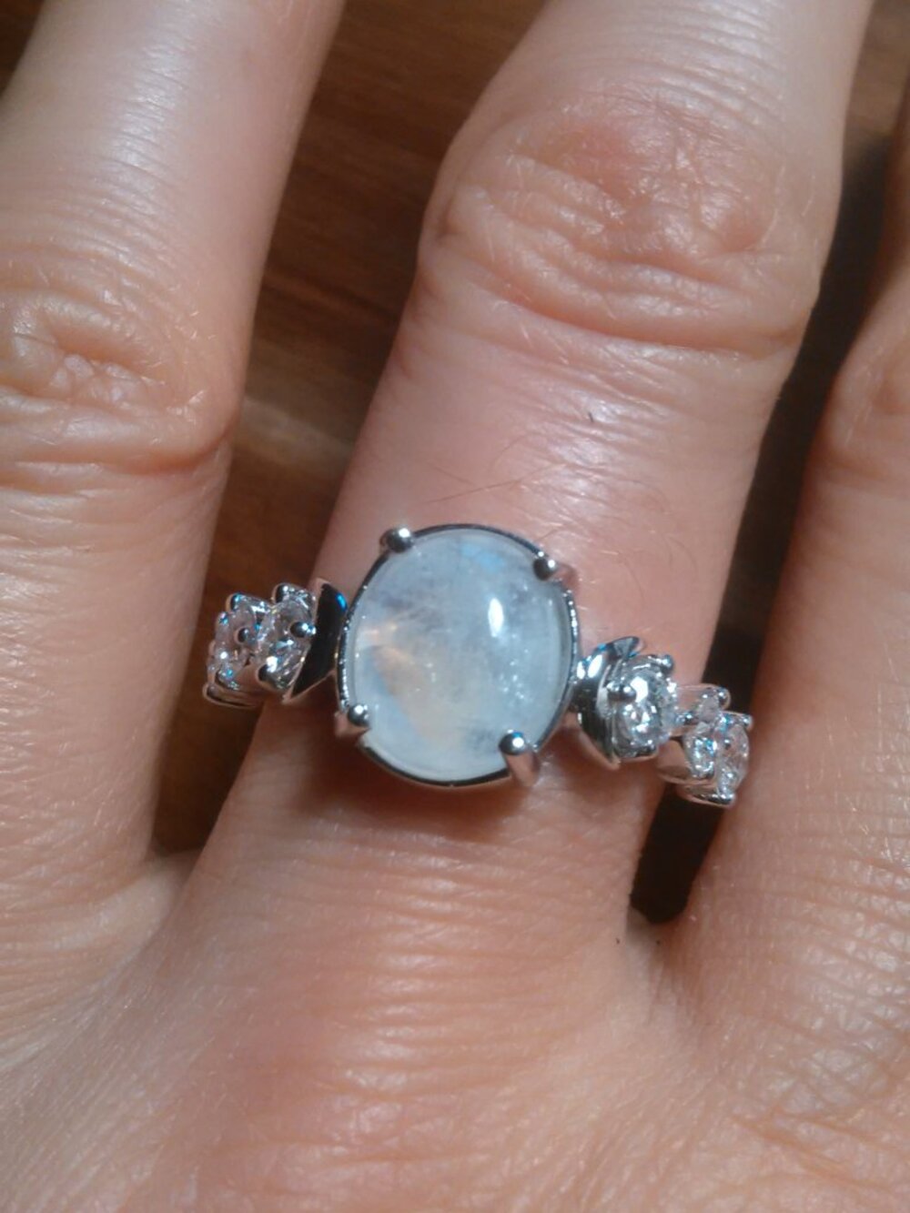 Rainbow Moonstone and Moissanite Platinum Bond Ring (Size 10)
